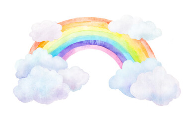 Watercolor illustration of cartoon rainbow and fluffy clouds, hand drawn