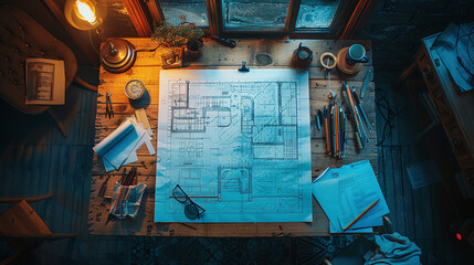 Architectural Blueprint on Wooden Table with Tools in Cozy Dimly Lit Workspace