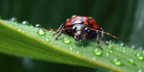 Ladybug sitting on a flower leaf warm spring day on a leaf insect beetle