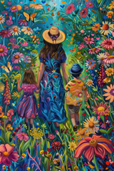 Mother with Children Exploring Nature., Mother's Day, a day dedicated to mothers.