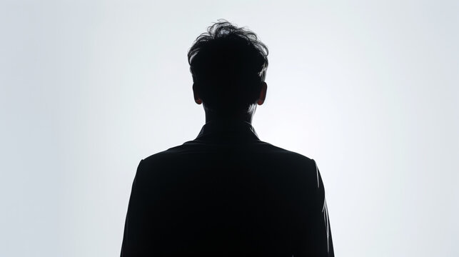 Silhouette of hidden male middle - aged person over white , back lit light , studio shot isolated on white background