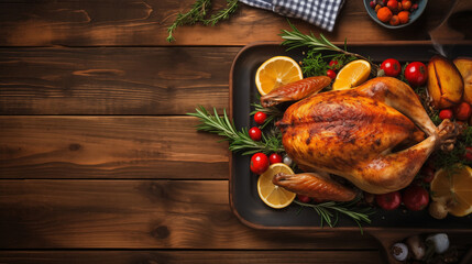 Baked chicken with golden crust and various vegetables on wooden background, Christmas or Thanksgiving concept - Powered by Adobe