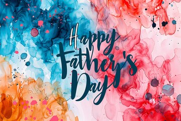 "Happy Father's Day" in bold, modern font on a vibrant, abstract watercolor backdrop.