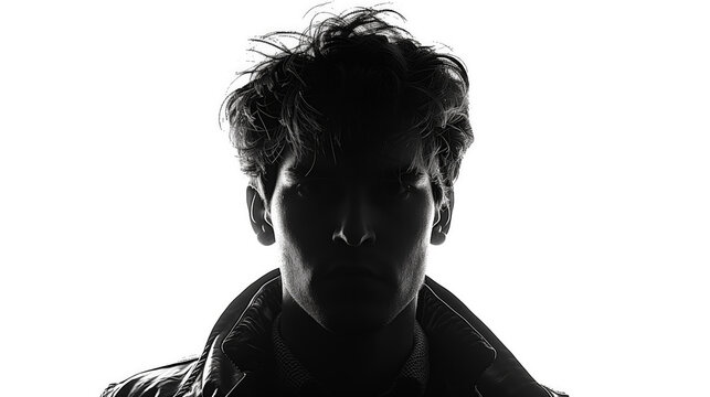 Silhouette of hidden male middle - aged person over white , back lit light , studio shot isolated on white background