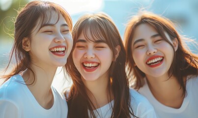 Close-up of three Asian girlfriends in white T-shirts who are enjoying the impressions of the concert, spreading joy and happiness among the fans with their infectious smiles.