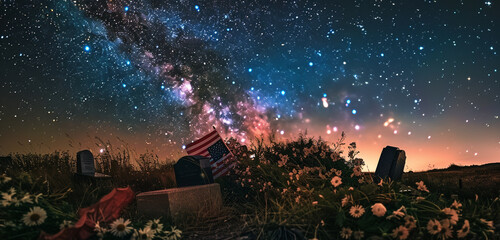 Celestial night sky with stars above a Memorial Day flag and flowers at a veteran's grave.
