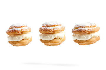 three donuts with cream filling and powdered sugar
