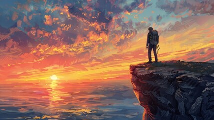Sunset observer with backpack on cliff edge, realistic portrait, vibrant sky, tranquil mood
