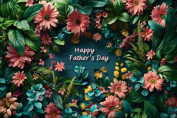 "Happy Father's Day" in elegant floral lettering on a lush greenery backdrop.