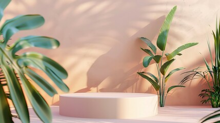 3d rendering of a podium stand  a soft colors background and plants