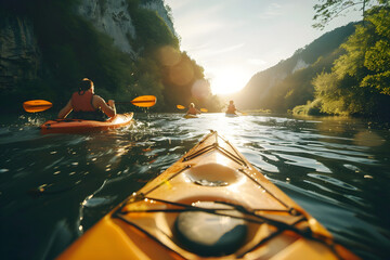 a group of friends kayaking on a scenic river, capturing the sense of adventure and exploration...