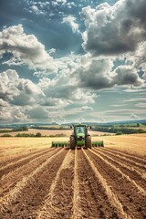 Fototapeta premium green tractor plows grain fields with sky with clouds