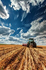 Fototapeta premium green tractor plows grain fields with sky with clouds