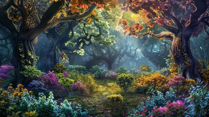 A beautiful fairytale enchanted forest with big trees and great vegetation. Digital painting background hyper realistic 
