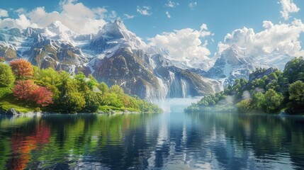 A beautiful scenery mountain landscape and colorful reflections shimmering on the lake generated by ai hyper realistic 