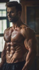 Fototapeta premium A male bodybuilder strikes a powerful pose for the viewer