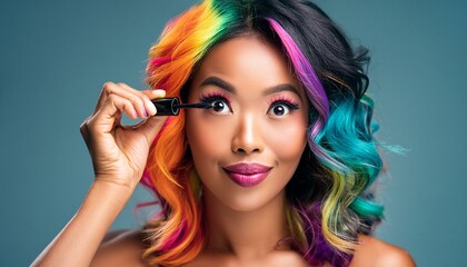 Frau mit buntgefärbte Haare malt ihre Augen mit wimperntusche.