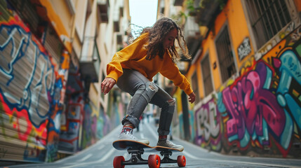 Young Woman Skateboarding Down Urban Alley with Graffiti Walls in Yellow Hoodie and Grey Jeans - Powered by Adobe