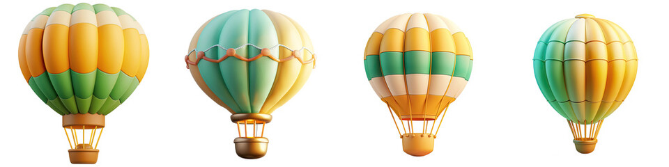 set of green and yellow hot air balloon 3d icons.