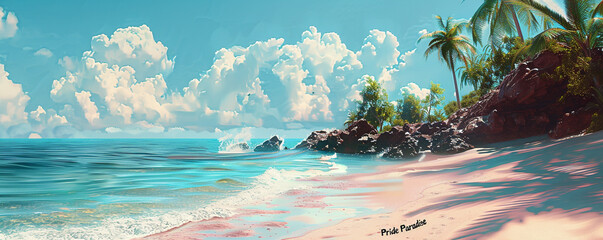 A serene beach scene with "Pride Paradise" written in the sand and a rainbow horizon - Powered by Adobe