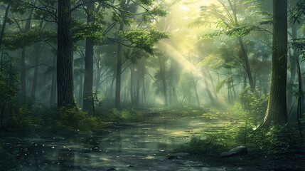 a dense forest with tall trees and a bright light shining through the trees.