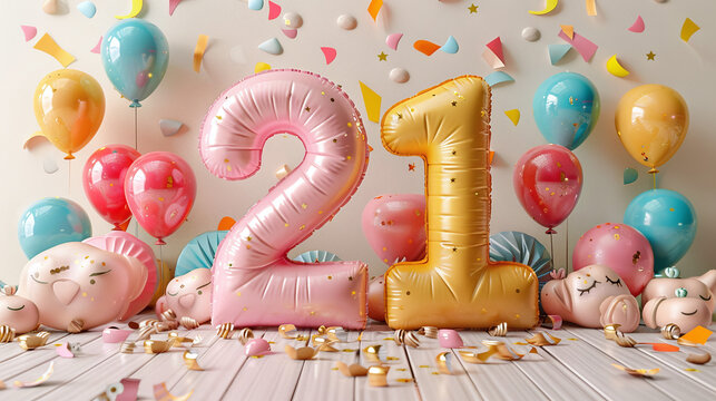 Pink and Gold 21st Birthday Party Balloons with Festive Confetti and Colorful Background