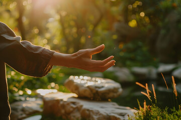 a person practicing tai chi in a peaceful garden, promoting relaxation, mindfulness, and holistic well-being amidst the beauty of nature during the summer