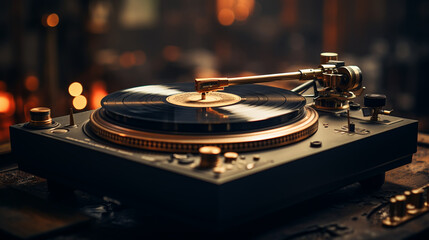 Close-up vintage record player, While playing the record, Black platter.