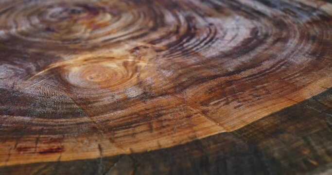 Background made of wood slab texture. An object of decorative art. Rotating shooting. View from above. Close-up