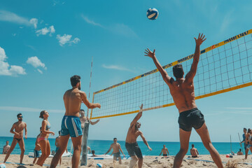 Group of men, people playing beach volleyball, summer sport