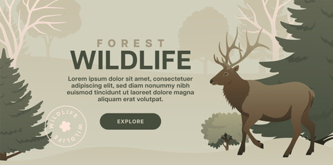 Forest wildlife web banner design. Color landscape with trees and elk. Wild animal in nature background vector illustration.