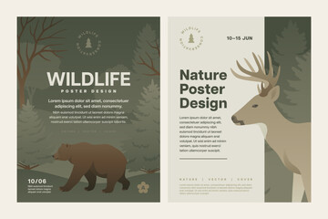 Forest animal poster design set. Wild animals in nature background vector illustration. Night wildlife landscape with bear and deer for flyer or letter.