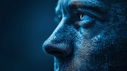 Obraz premium Close Up of Blue Digital Human Face with Circuit Patterns on Dark Background Representing Technology Integration