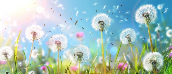 Beautiful spring background with dandelions flying in the air and green grass on a sunny day Banner template Generative AI