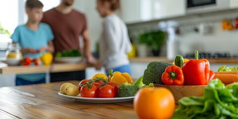 Visible is a modern kitchen scene with a family of blurred faces preparing food, fresh vegetables in the foreground