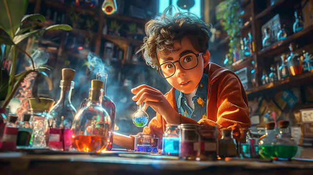 A young wizard is mixing potions in a magical laboratory.