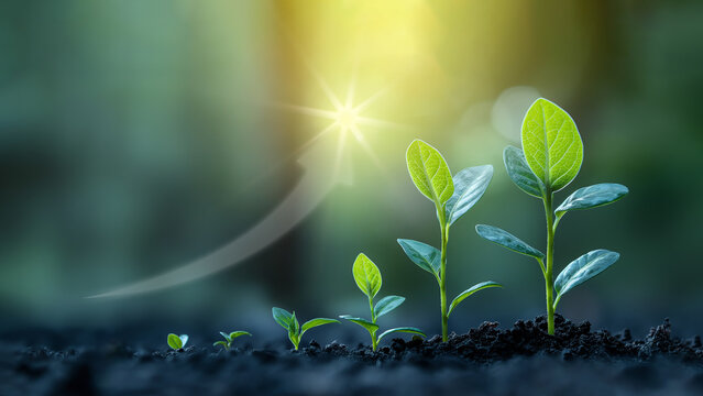 Sprouting seedlings from small to large, with an increasing arrow watermark above the seedlings, symbolizes outstanding growth and success.