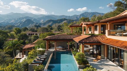 Naklejka premium Luxury Resort Villa with Swimming Pool Overlooking Lush Mountain Range in Tropical Setting
