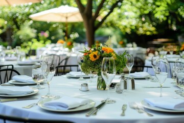 Wedding party table setup with round table , flowers, wine glass, plates