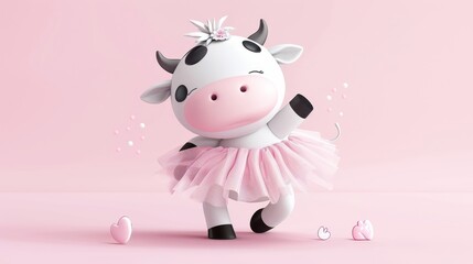 A pink cow is wearing a pink tutu and is jumping in the air