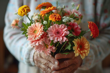 a person's hands holding a bouquet of flowers or floral arrangement, suitable for illustrating celebrations, special occasions, and gift-giving