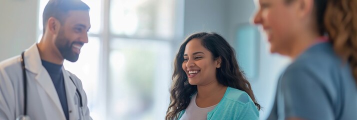 Group of diverse healthcare providers sharing a light moment together in a clinic corridor