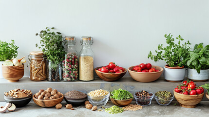 Variety of Fresh Organic Herbs and Healthy Nuts Seeds Legumes on Light Grey Background