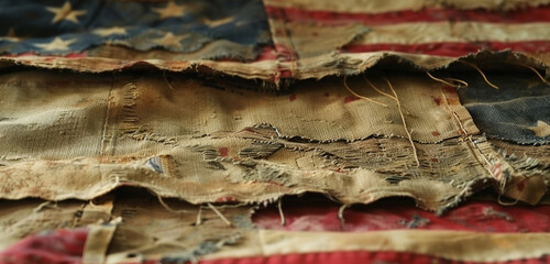 Worn and weathered flag close-up at a Veterans Day parade, representing resilience.