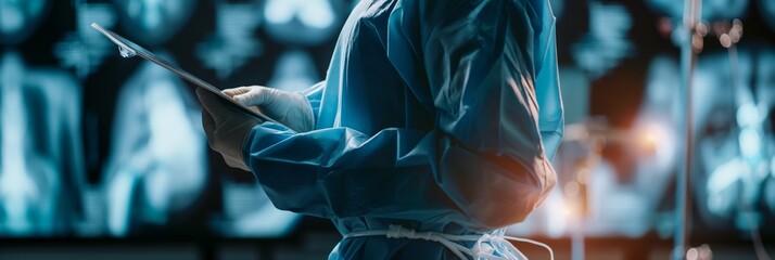 A healthcare professional in blue scrubs carefully reviews x-ray results displayed on a digital tablet in a clinical setting