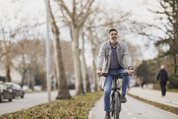 Man Riding Bicycle Down Tree-Lined Sidewalk