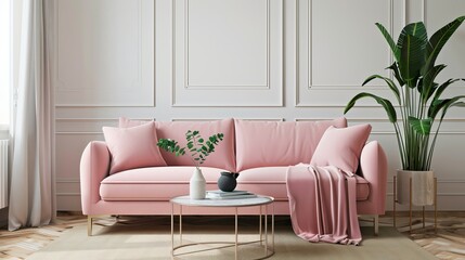 
Here's a description of an image depicting an entrance to a living room:

The entrance of a living room showcases a welcoming and stylish space featuring a pink sofa, a potted plant, and a coffee tab