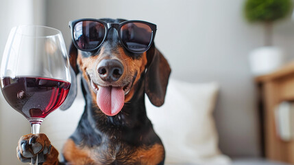 Happy Black Dog Wearing Sunglasses Holding Red Wine Glass in Paw with Tongue Out on White Sofa...