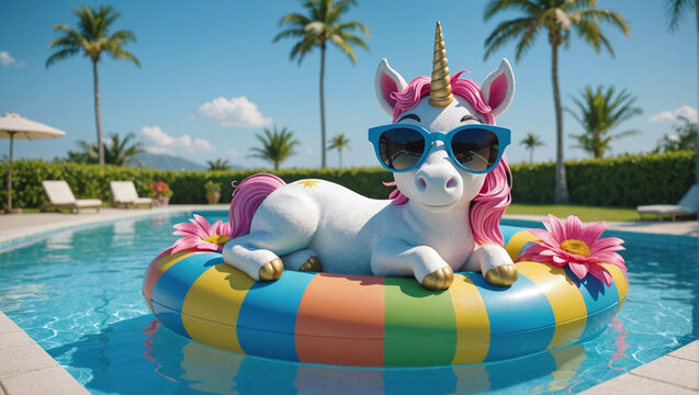 Licorne allong&eacute;e sur une bou&eacute;e dans la piscine