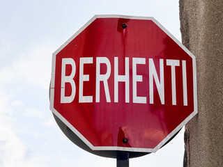 internationally known Berhenti stop sign in Tamil language, George Town, Penang, Malaysia 